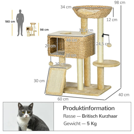 Kaķu skrāpējamā māja 98 cm ar 2 guļamvirsmām, kaķu skrāpējamā māja ar rotaļu bumbu kaķiem līdz 6 kg, kaķu mēbeles, sizala krāsa, bēša