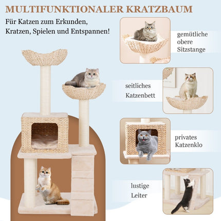 kaķu māja ar sizala stabiem un sēdekli, kaķu mājiņa un kaķu tornis ar kāpnēm