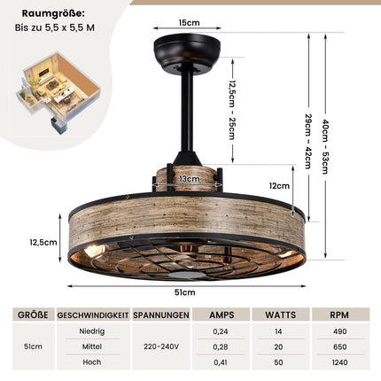 Griestu ventilators ar apgaismojumu, 50 cm, tālvadības pulti un 4 stundu taimeri