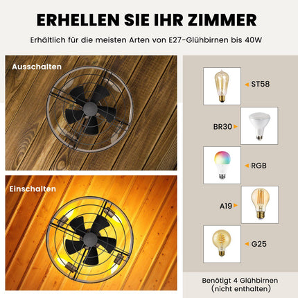 Griestu ventilators ar apgaismojumu, 50 cm, tālvadības pulti un 4 stundu taimeri