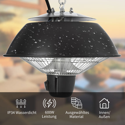Griestu sildītājs 600W ar ķēdēm, elektriskais, terasēm, alumīnijs, melns, Φ25.5xh21.2Cm