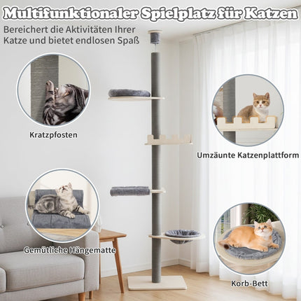 Kaķu māja ar augstumu līdz griestiem, regulējama, 236-271 cm, pelēka