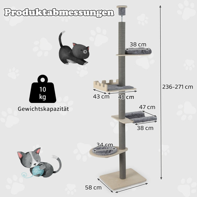 Kaķu māja ar augstumu līdz griestiem, regulējama, 236-271 cm, pelēka