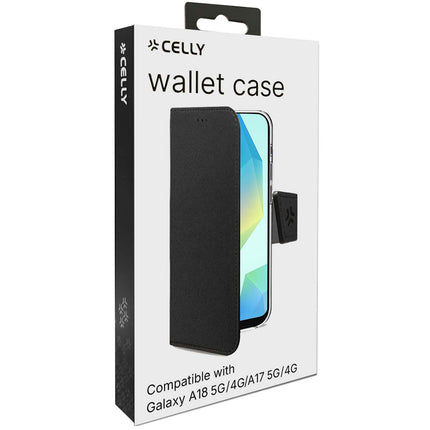 Celly Wally maciņš Samsung Galaxy A18 un A17 telefoniem, melns, PU āda