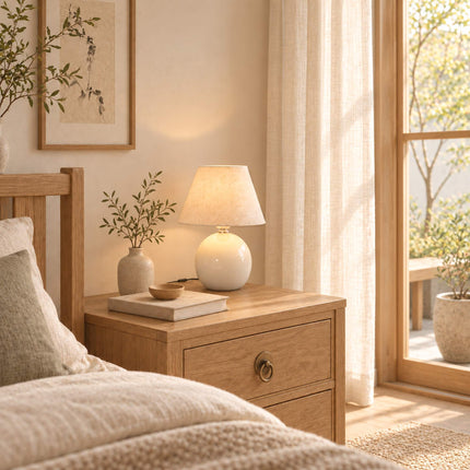 Ceramic Table Lamp with Conical Linen Shade and Cord Switch, E27, Cream White