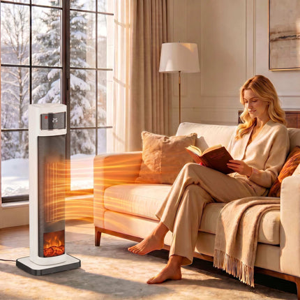 Ceramic Tower Fan Heater 2000 W with Remote and Thermostat, White, 4 Modes
