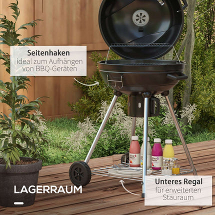 Charcoal grill with wheels, shelf and thermometer