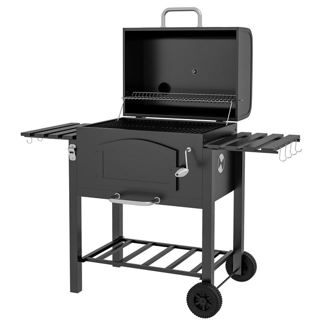 Kokogļu grils Bbq dārza grils ar vāku, plauktiem, kūpinātavu, sildīšanas plāksni, plauktiem, transportēšanas riteņiem, metālu