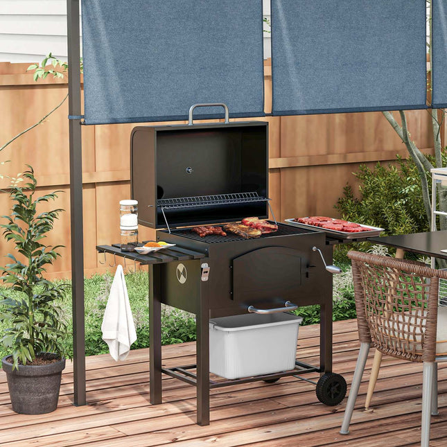 Kokogļu grils Bbq dārza grils ar vāku, plauktiem, kūpinātavu, sildīšanas plāksni, plauktiem, transportēšanas riteņiem, metālu