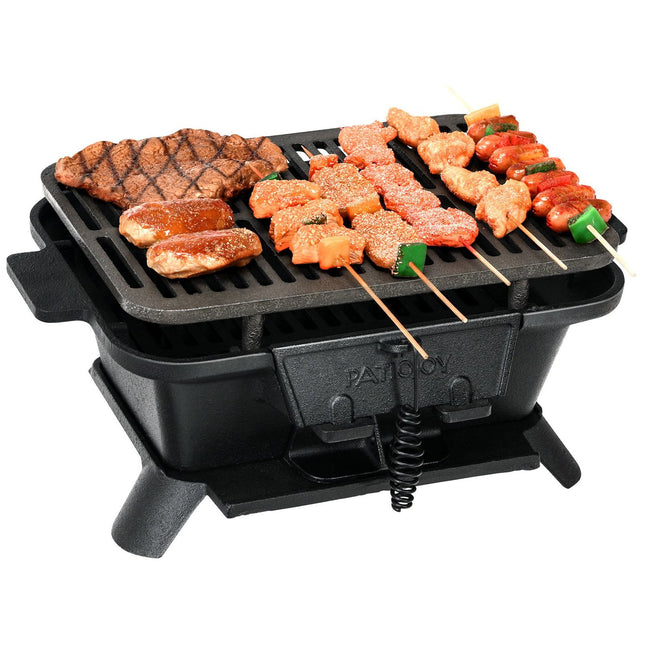 Ogļu grils, pārnēsājams čuguna bārbekjū grils, BBQ mini grils, galda grils piknikam, 40x27x18cm, melns