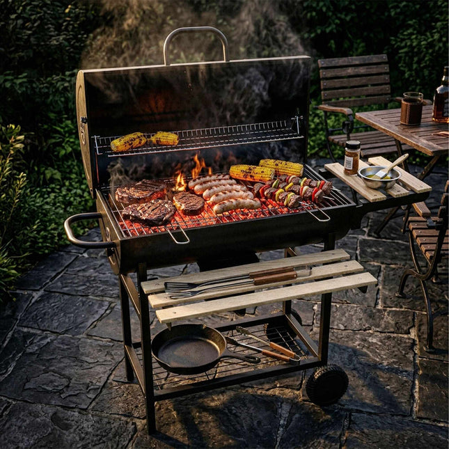 Ogļu grils ar vāku, termometru, regulējamām ventilācijas atverēm
