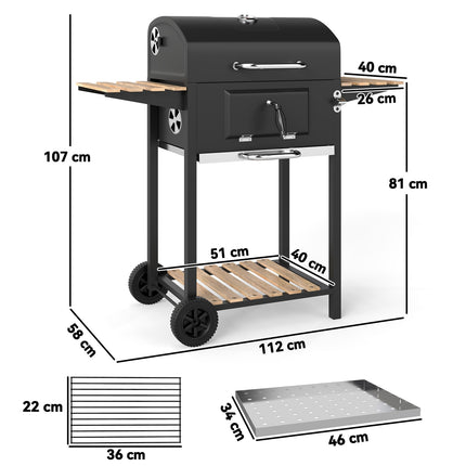 Kokogļu grils no nerūsējošā tērauda, pārvietojams grila ratiņi ar vāku, termometrs, grila režģis, riteņi, regulējams rokturis, ogļu paplāte, kokogļu grila ratiņi ar koka plauktu, grila kūpinātava kempingam, dārzam 112x58x107cm |