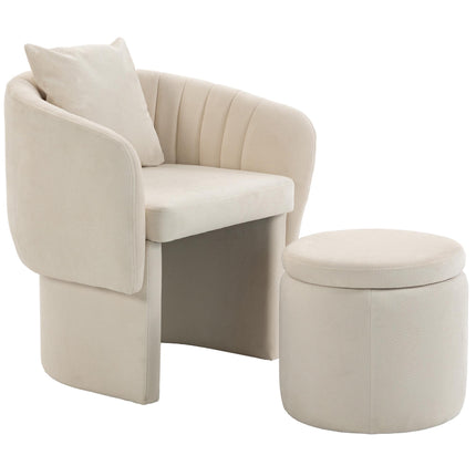 Chenille Lounge Chair with Footstool and Lumbar Cushion, Beige, Nordic Style