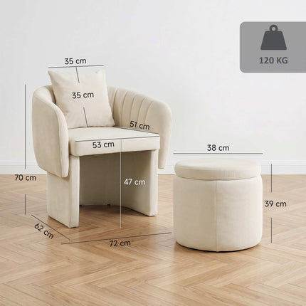 Chenille Lounge Chair with Footstool and Lumbar Cushion, Beige, Nordic Style