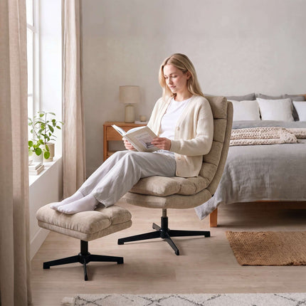 Chenille Swivel Lounge Chair with Adjustable Footstool, 79 cm Wide Seat, Brown