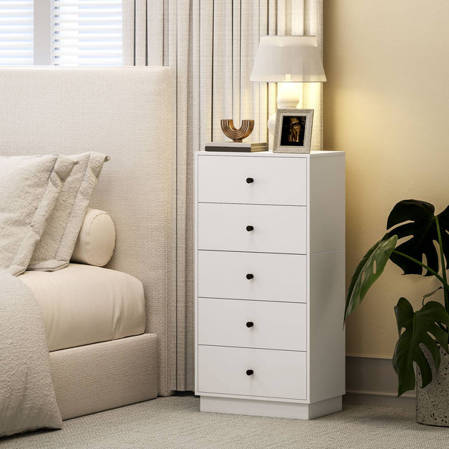 Kumode, bufete ar 5 atvilktnēm, skapis no koka materiāla, uzglabāšanas skapis modernā stilā, atvilktņu skapis, kumode, skapis viesistabai, guļamistabai, gaitenim, 47 x 29 x 95 cm, balts