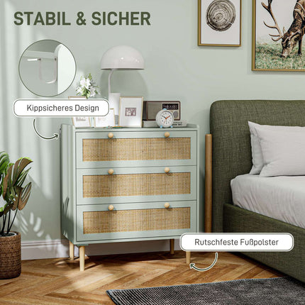 Kumodes sānu skapītis ar 3 atvilktnēm, boho stila kumode, rotangpalmas izskats, atvilktņu kumode viesistabai, guļamistabai, gaiši zila 80 x 40 x 87,5 cm