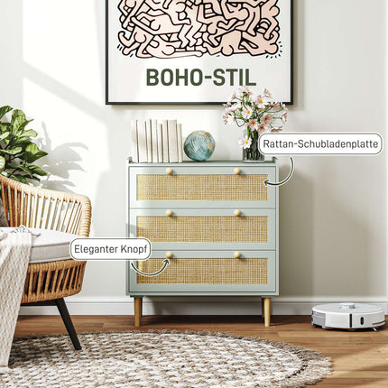 Kumodes sānu skapītis ar 3 atvilktnēm, boho stila kumode, rotangpalmas izskats, atvilktņu kumode viesistabai, guļamistabai, gaiši zila 80 x 40 x 87,5 cm