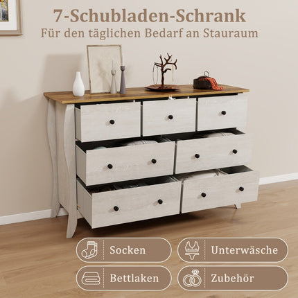 Kumode ar 7 salokāmām auduma atvilktnēm, lauku mājas stila bufete, drēbju skapis, pelēka