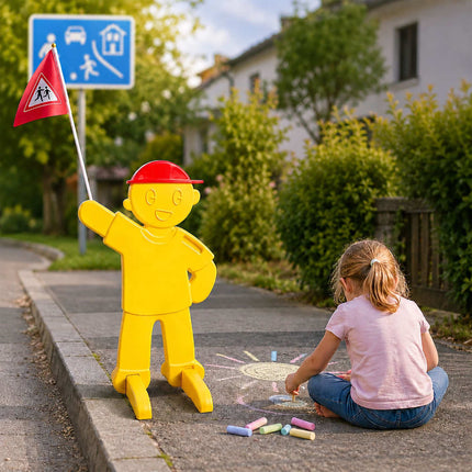 Child Safety Warning Figure for Roads with Red Flag, Yellow, 84 cm Tall