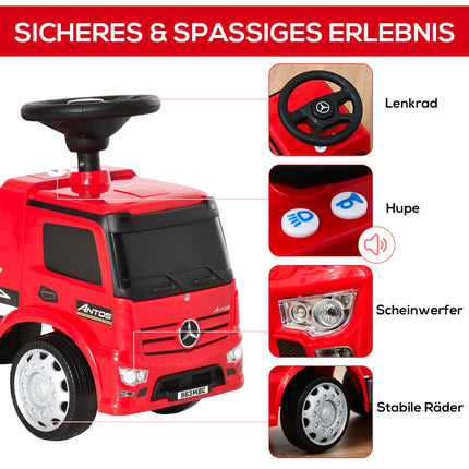 Bērnu braucamā automašīna no Mercedes Antos kravas automašīnas stila ar gaismām bērniem no 12 līdz 36 mēnešu vecumam, sarkana + melna, 62,5 x 28,5 x 45 cm