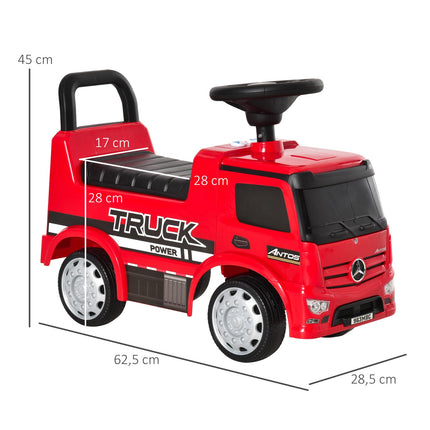 Bērnu braucamā automašīna no Mercedes Antos kravas automašīnas stila ar gaismām bērniem no 12 līdz 36 mēnešu vecumam, sarkana + melna, 62,5 x 28,5 x 45 cm