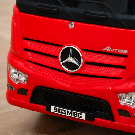 Bērnu braucamā automašīna no Mercedes Antos kravas automašīnas stila ar gaismām bērniem no 12 līdz 36 mēnešu vecumam, sarkana + melna, 62,5 x 28,5 x 45 cm