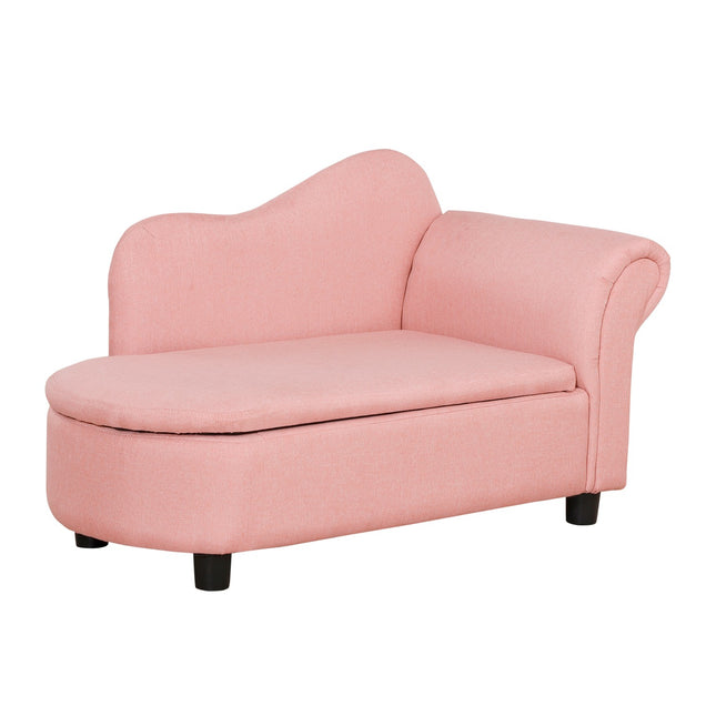 Pink sofa bed for children with storage, linen and wood