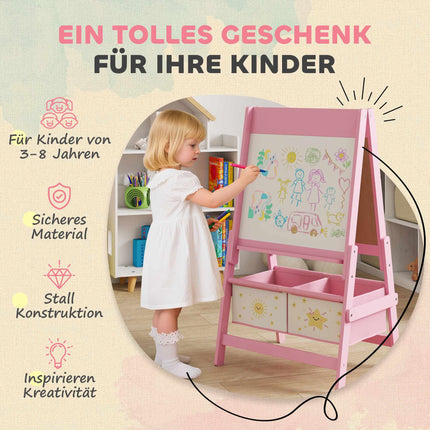 Bērnu 3-vienā molberts ar krīta tāfeli, balta tāfele, rozā