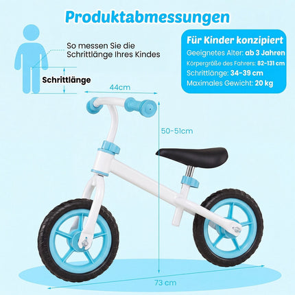 Bērnu zils līdzsvara velosipēds, regulējams rokturis, 20 kg celtspēja