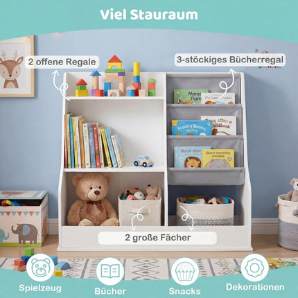 Bērnu grāmatu plaukts ar 3 līmeņu auduma kabatām, balts