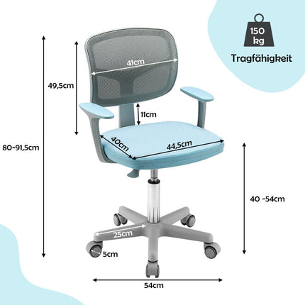 Bērnu datorkrēsls ar regulējamu augstumu un pašbloķējošiem riteņiem 54 x 54 x 80 - 91,5 cm, zils + pelēks