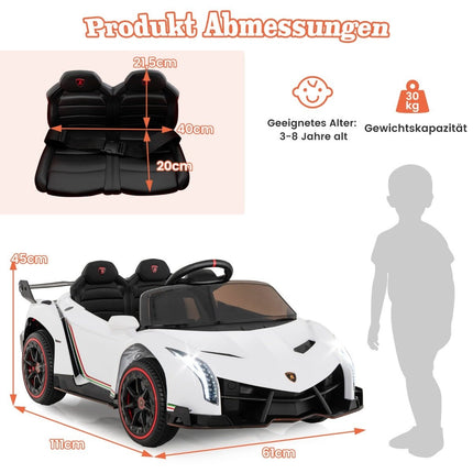Bērnu Lamborghini elektromobilis ar tālvadības pulti, LED priekšējiem lukturiem, taures signālu un mūziku, baltā krāsā