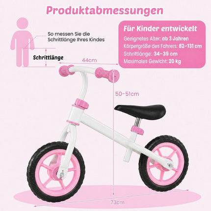 Bērnu rozā līdzsvara velosipēds, regulējama stūre, 2,5 kg