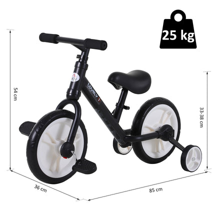 Balance bike for children with training wheels, adjustable seat
