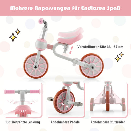Bērnu velosipēds 4-in-1 pirmsskolas vecuma bērniem ar stūres rokturi vecākiem 37 x 72 x 101 cm rozā