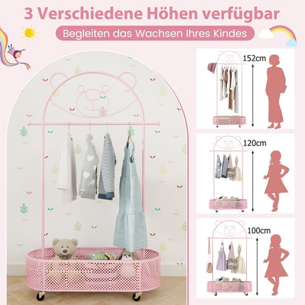 Bērnu drēbju pakaramais, regulējams augstums no 130 cm/150 cm/182 cm, mēteļu pakaramais uz riteņiem, rozā