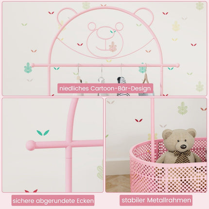 Bērnu drēbju pakaramais, regulējams augstums no 130 cm/150 cm/182 cm, mēteļu pakaramais uz riteņiem, rozā