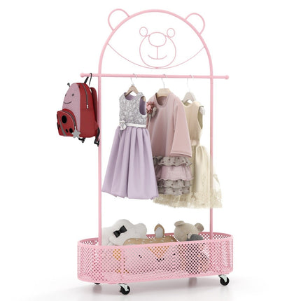 Bērnu drēbju pakaramais, regulējams augstums no 130 cm/150 cm/182 cm, mēteļu pakaramais uz riteņiem, rozā
