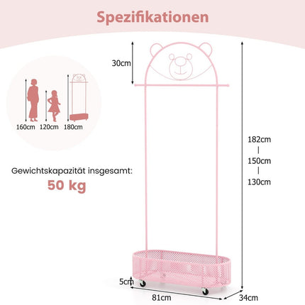 Bērnu drēbju pakaramais, regulējams augstums no 130 cm/150 cm/182 cm, mēteļu pakaramais uz riteņiem, rozā