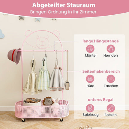 Bērnu drēbju pakaramais, regulējams augstums no 130 cm/150 cm/182 cm, mēteļu pakaramais uz riteņiem, rozā