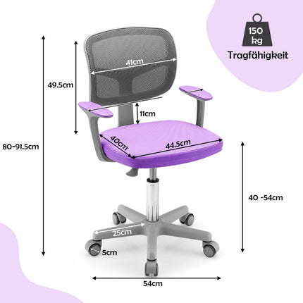 Bērnu rakstāmgalda krēsls, 360° grozāms, jauniešu krēsls, 80-91,5 cm, regulējams augstums, 54 x 50 x 80-91,5 cm, violets