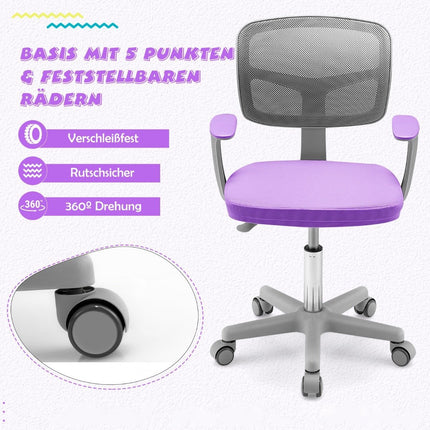 Bērnu rakstāmgalda krēsls, 360° grozāms, jauniešu krēsls, 80-91,5 cm, regulējams augstums, 54 x 50 x 80-91,5 cm, violets