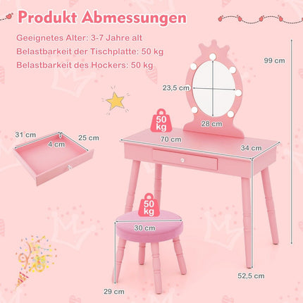 Bērnu tualetes galdiņš ar apgaismojumu 2 vienā tualetes galdiņš princese ar noņemamu spoguli rozā krāsā