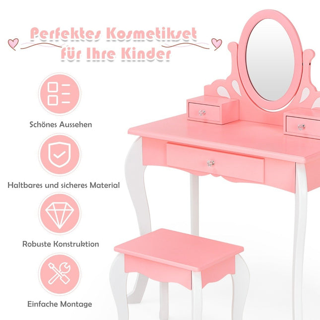 Bērnu tualetes galdiņš ar tabureti Princeses tualetes galdiņš ar 3 atvilktnēm un spoguli rozā