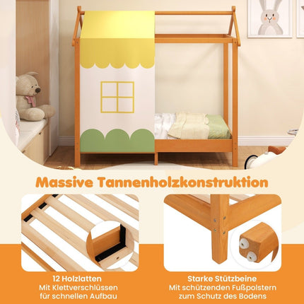 Bērnu mājas gulta ar jumtu, noņemamu gultas baldahīnu un 12 masīvkoka līstēm uz grīdas gultas rāmja