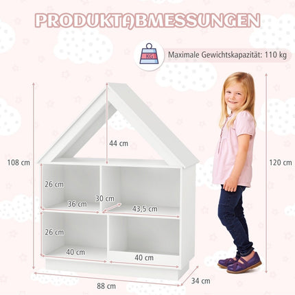 Bērnu mājas formas grāmatu plaukts, koka bērnu plaukts ar 5 nodalījumiem, 88 x 34 x 108 cm, balts