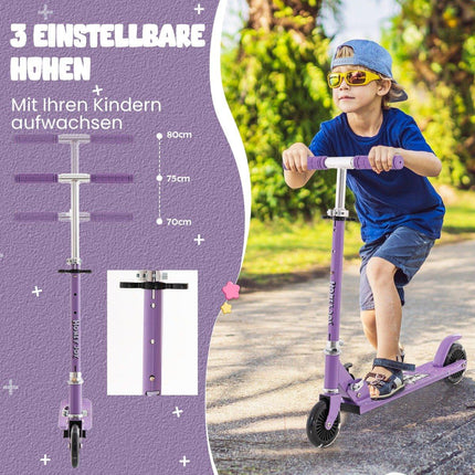 Children's scooter with LED wheels, height adjustable, children's scooter, city scooter, purple