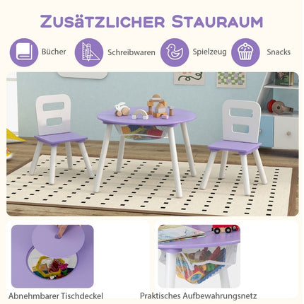 Bērnu galds ar 2 krēsliem, 3 daļas. Bērnu sēdvietu komplekts no koka, bērnu sēdvietu komplekts ar noņemamu galda pārvalku, violets