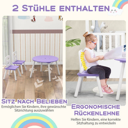 Bērnu galds ar 2 krēsliem, 3 daļas. Bērnu sēdvietu komplekts no koka, bērnu sēdvietu komplekts ar noņemamu galda pārvalku, violets